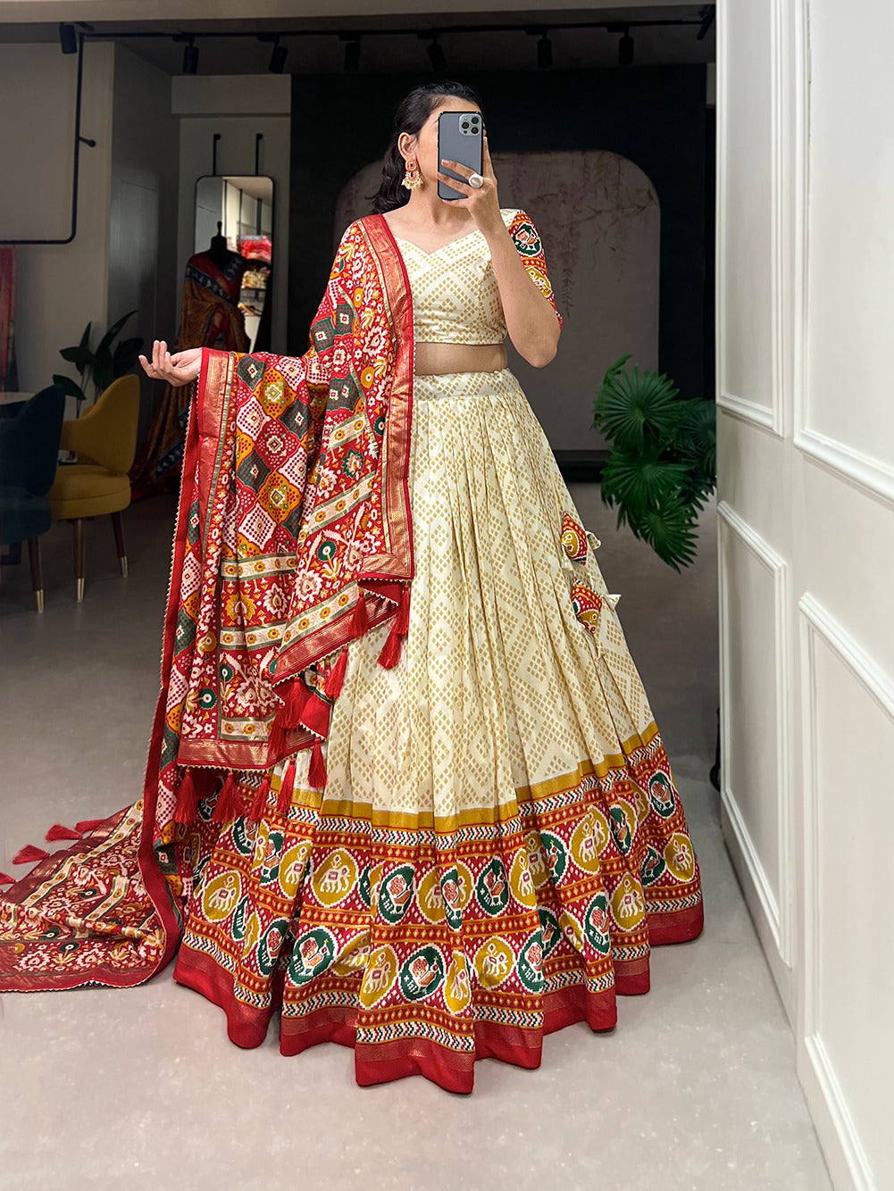 Beautifully Printed Bandhej And Patola Tussar Silk Lehenga Choli