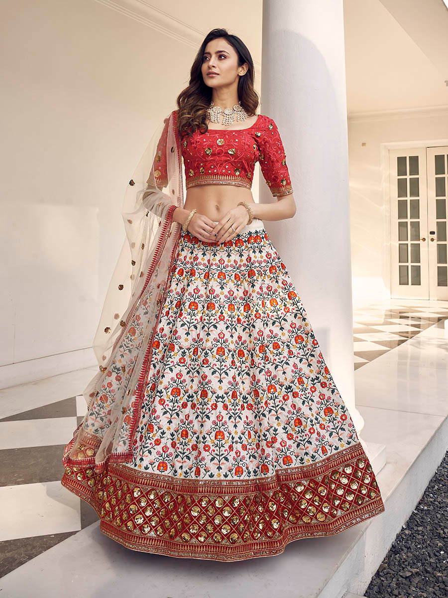 White and Red Art Silk Heavy Embroidered Lehenga