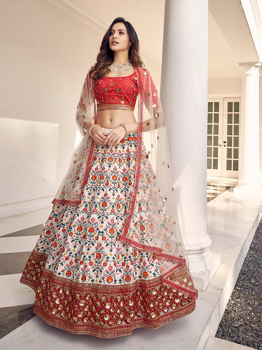 White and Red Art Silk Heavy Embroidered Lehenga