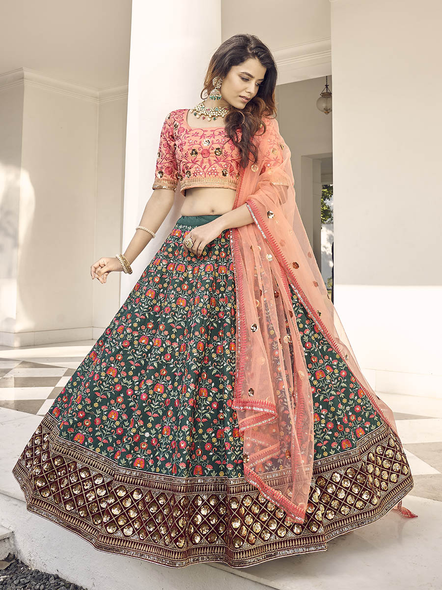 Orange and Green Silk Heavy Embroidered Lehenga