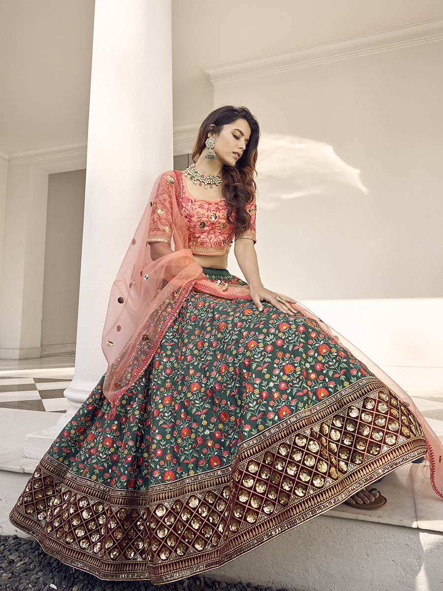 Orange and Green Silk Heavy Embroidered Lehenga