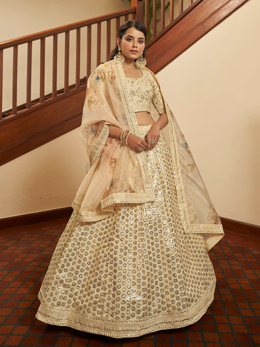 Beige Art Silk Embroidered Designer Lehenga