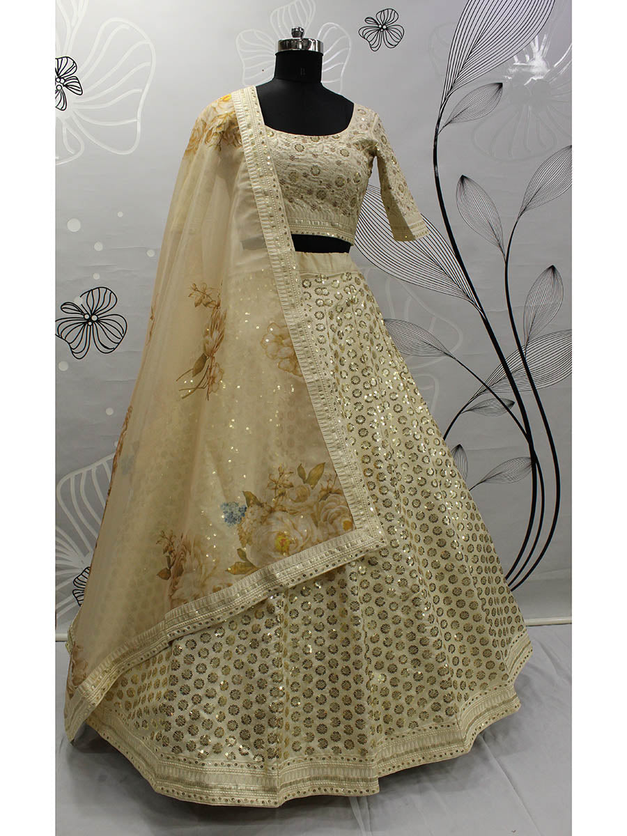 Beige Art Silk Embroidered Designer Lehenga