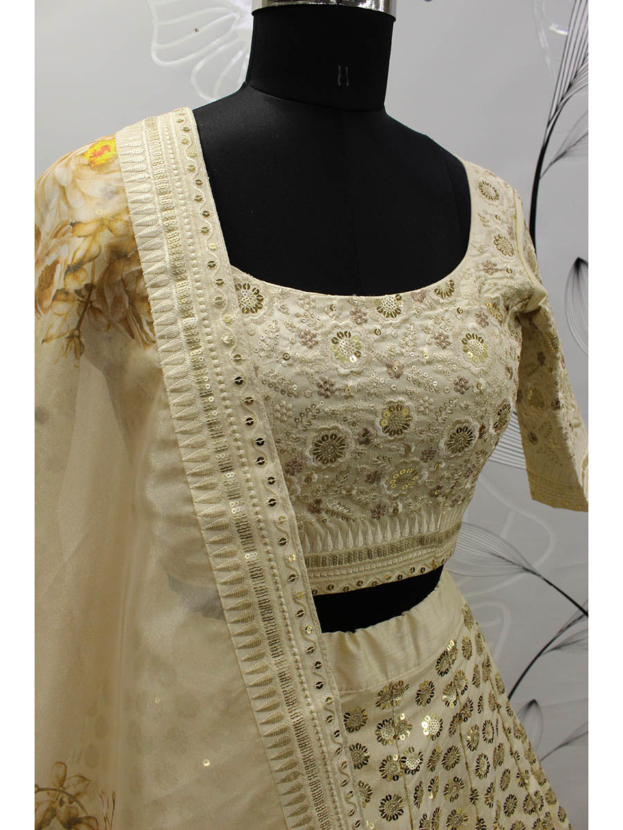 Beige Art Silk Embroidered Designer Lehenga