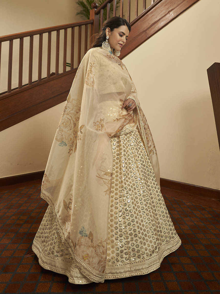 Beige Art Silk Embroidered Designer Lehenga