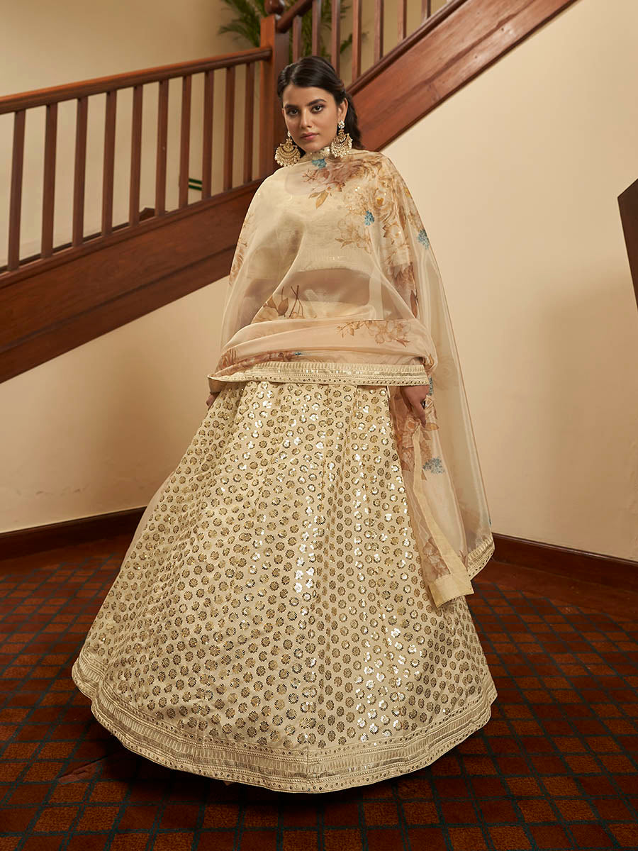 Beige Art Silk Embroidered Designer Lehenga