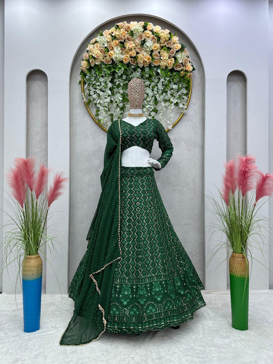 पार्टी वियर प्योर जॉर्जेट सीक्वेंस वर्क ग्रीन कलर का लहंगा चोली