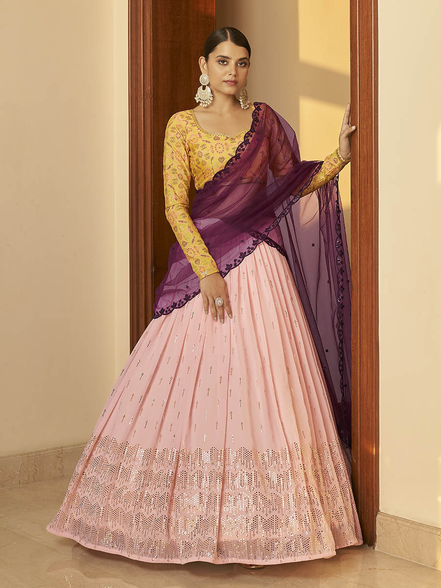 Multicolour Georgette Mukaish Work Designer Lehenga