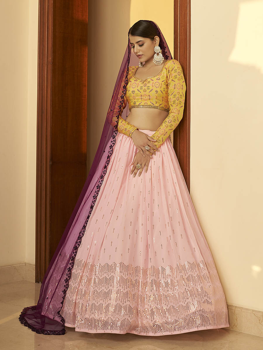 Multicolour Georgette Mukaish Work Designer Lehenga