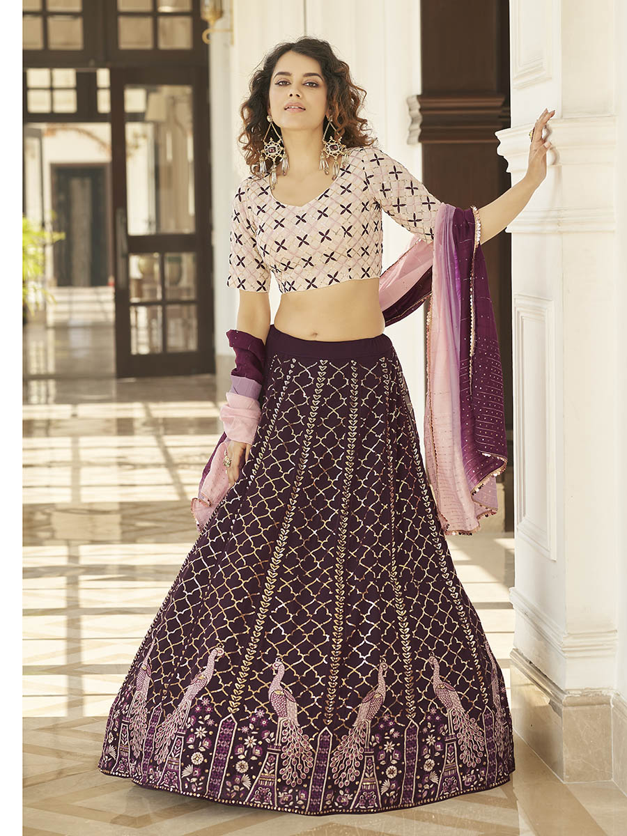 Purple & White Georgette Embroidered Designer Lehenga