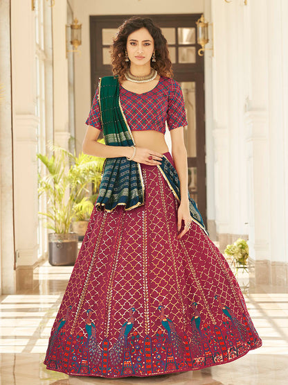 Deep Pink & Green Georgette Embroidered Designer Lehenga