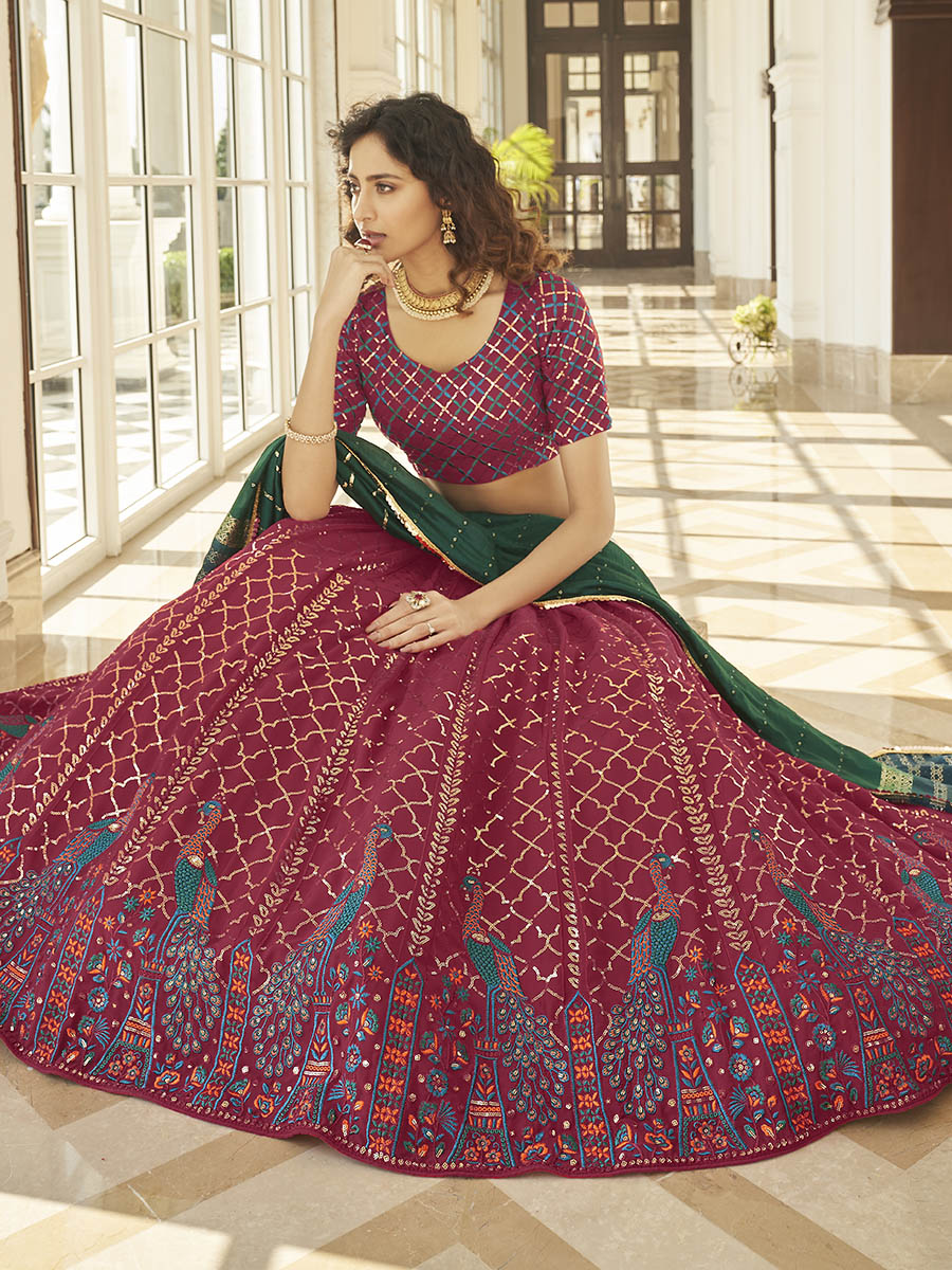 Deep Pink & Green Georgette Embroidered Designer Lehenga