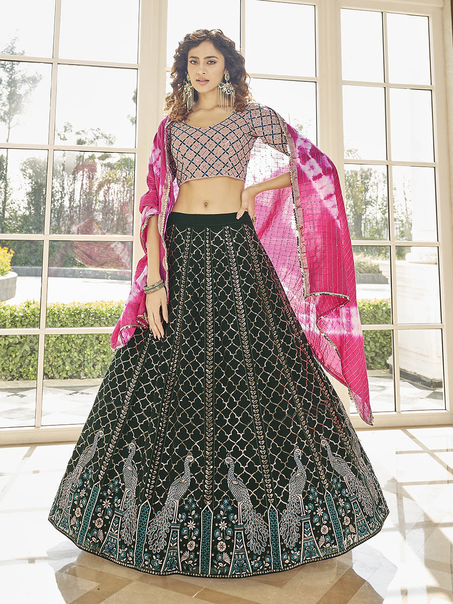 Green & Pink Georgette Embroidered Designer Lehenga