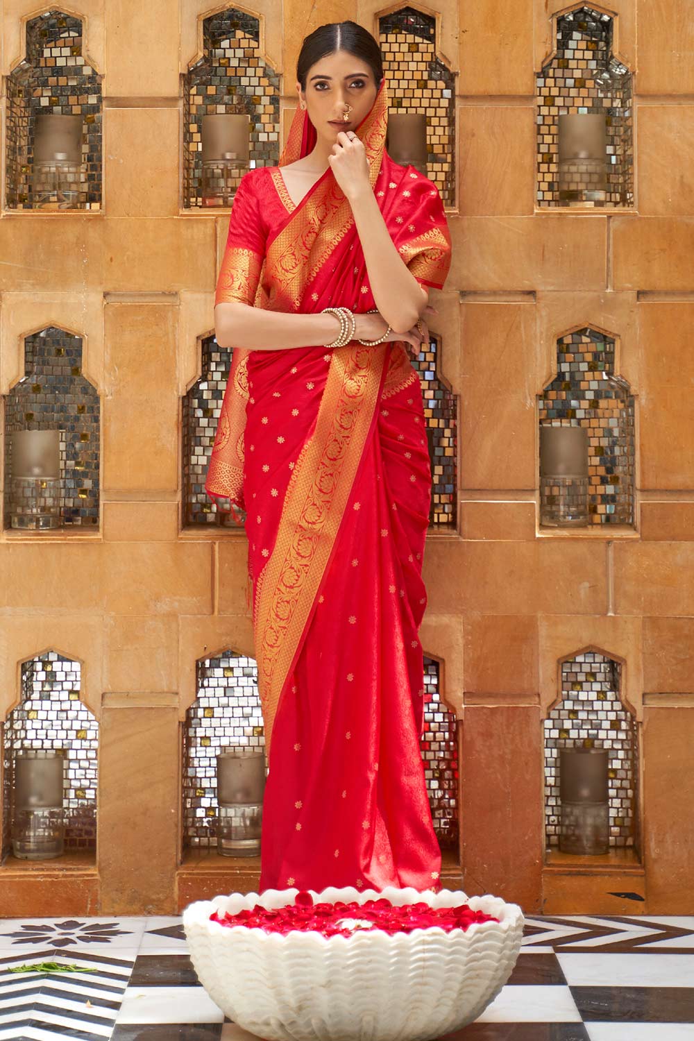 Red Silk Embroidered Lace Saree