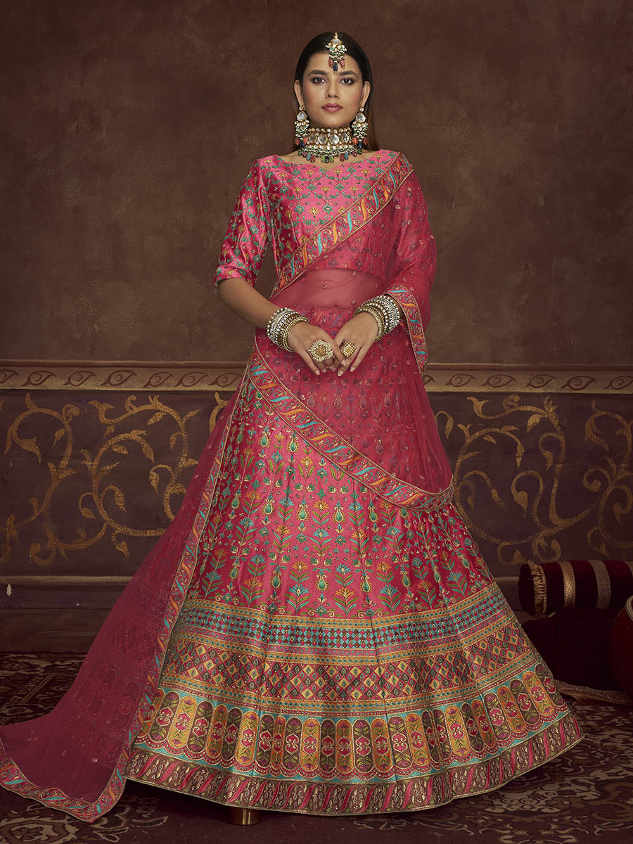 Pink Art Silk Embroidered Designer Lehenga