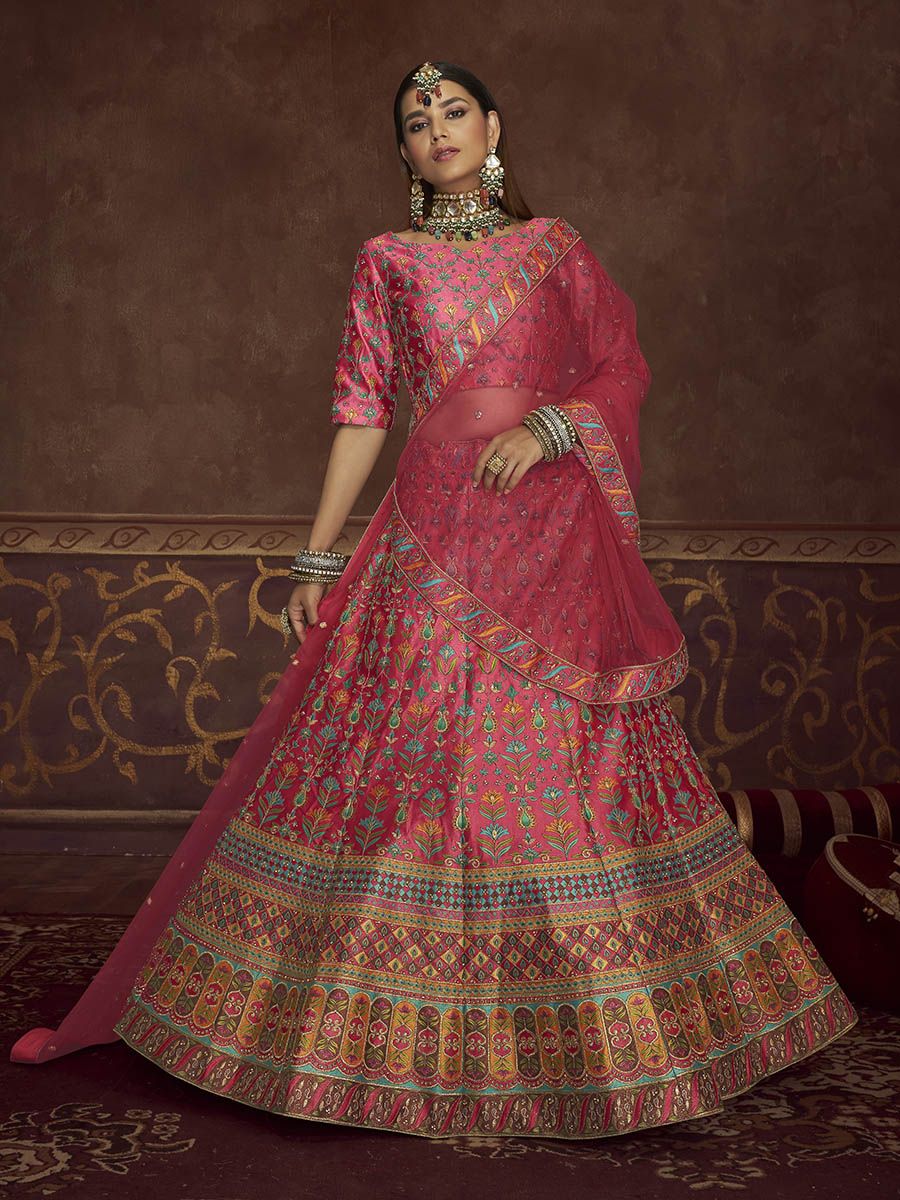 Pink Art Silk Embroidered Designer Lehenga