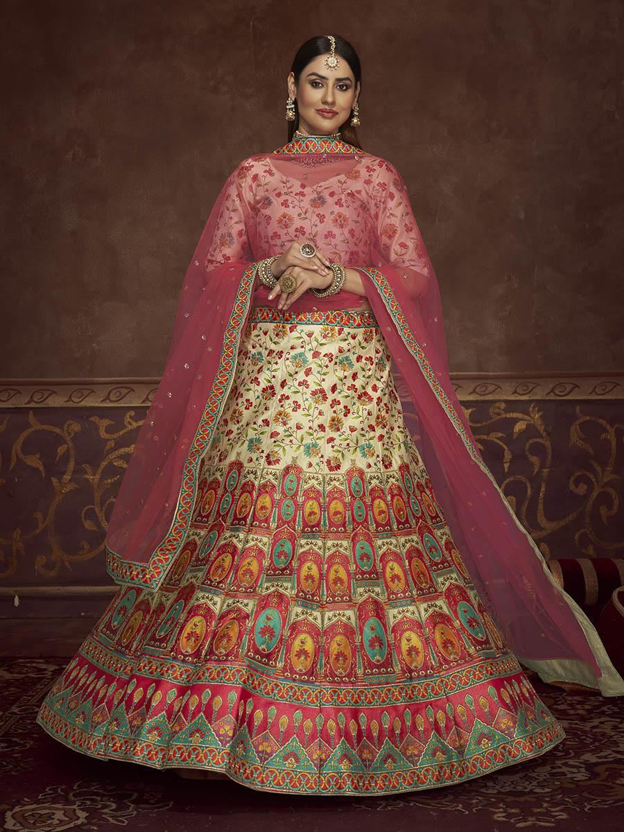 Beige and Pink Art Silk Embroidered Designer Lehenga