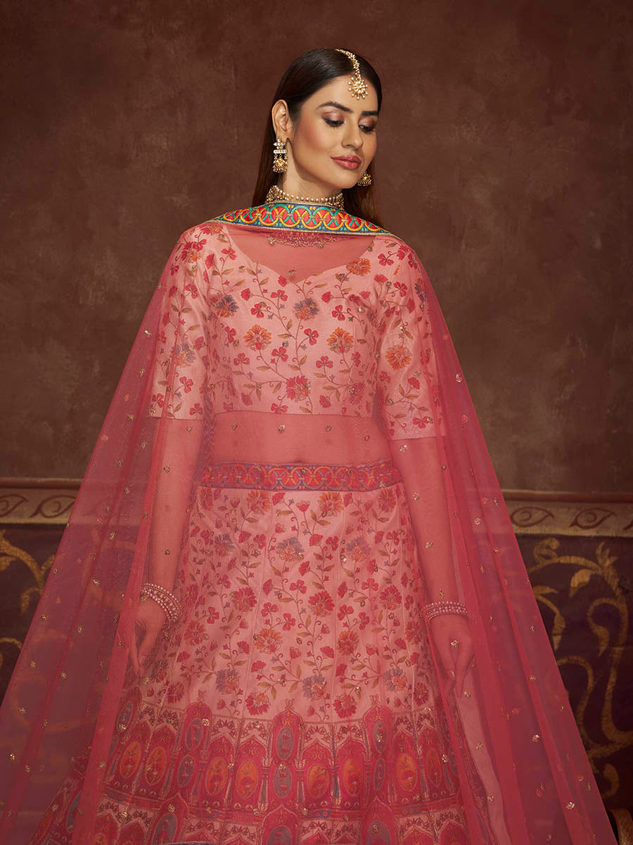 Beige and Pink Art Silk Embroidered Designer Lehenga