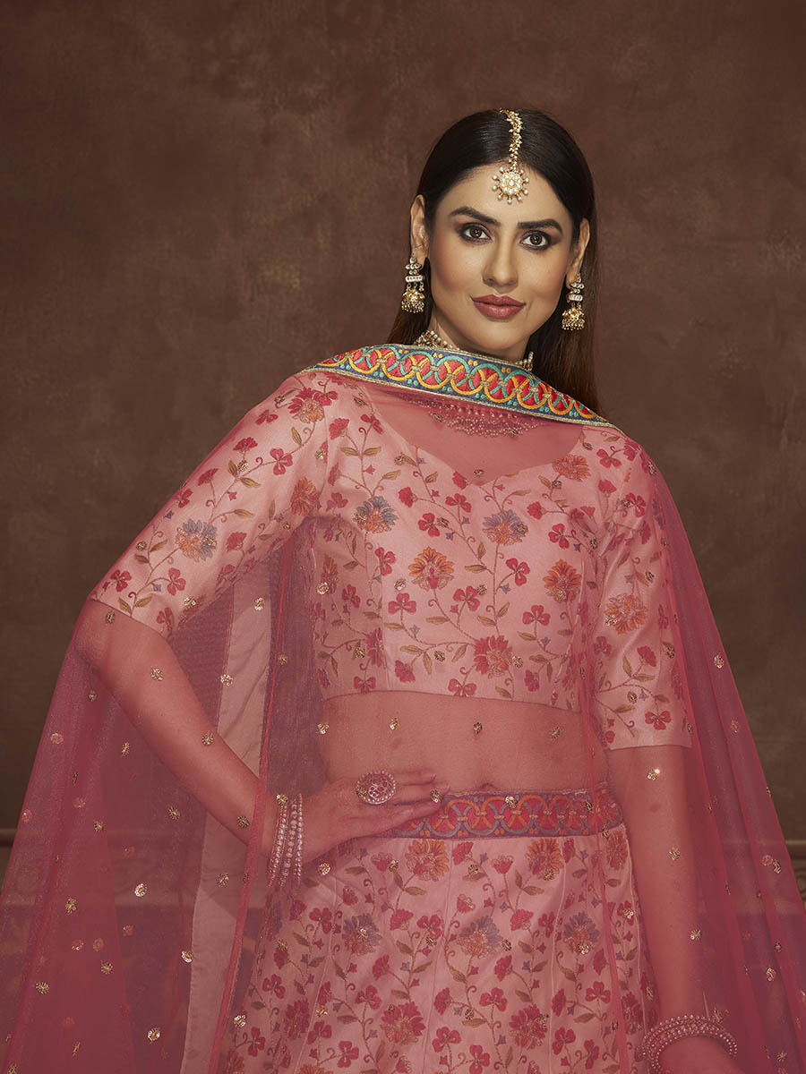 Beige and Pink Art Silk Embroidered Designer Lehenga