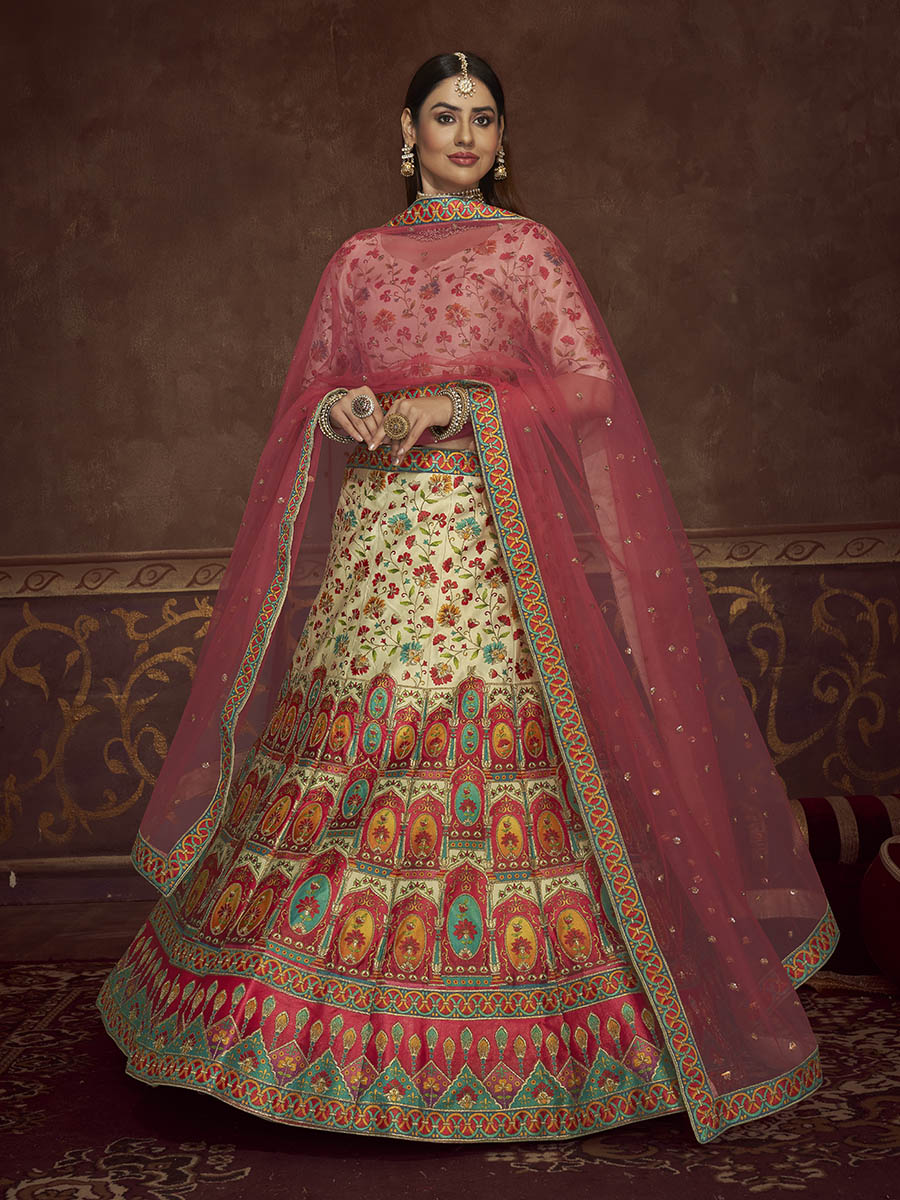 Beige and Pink Art Silk Embroidered Designer Lehenga