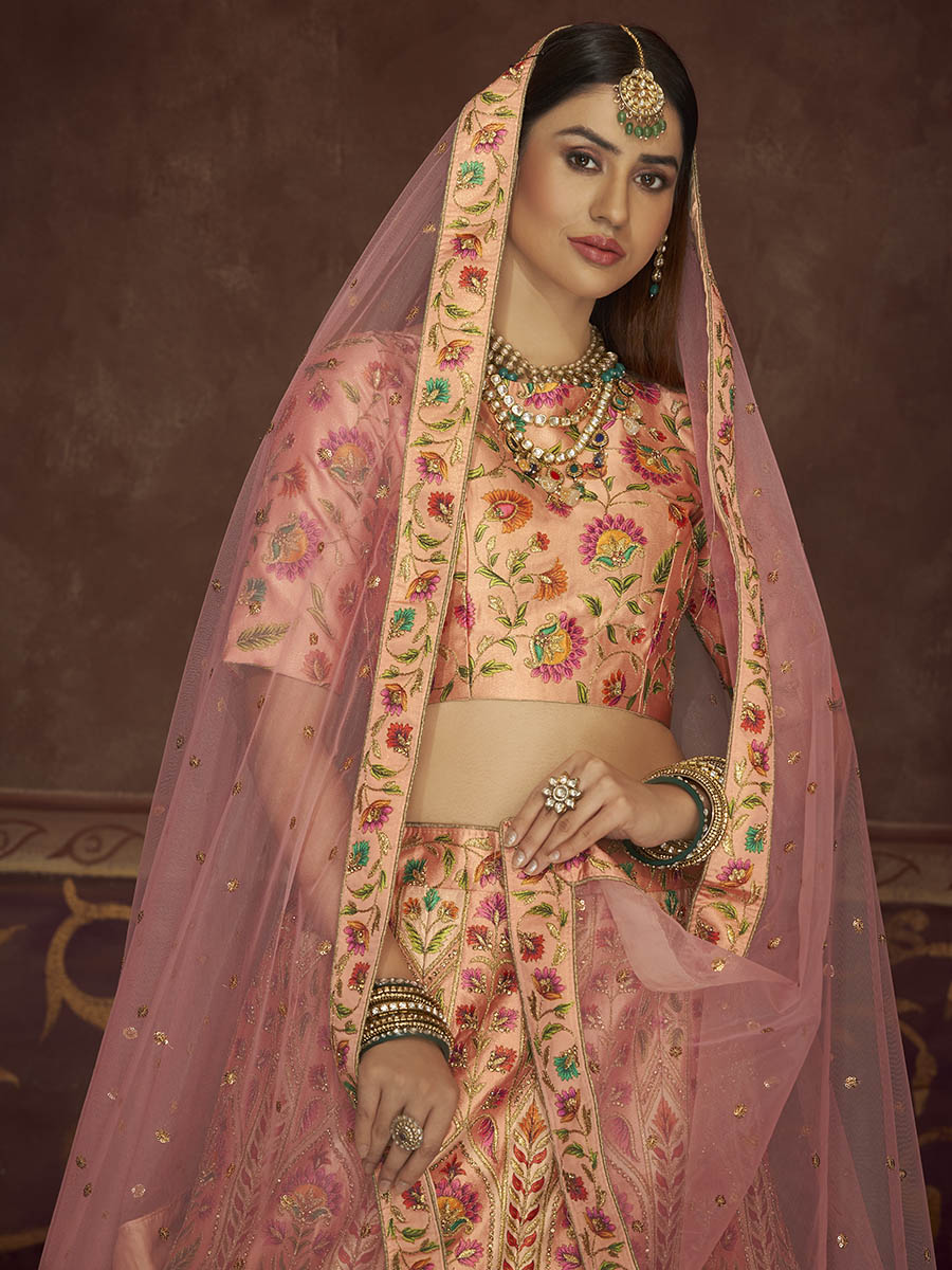 Peach Pink Art Silk Embroidered Designer Lehenga