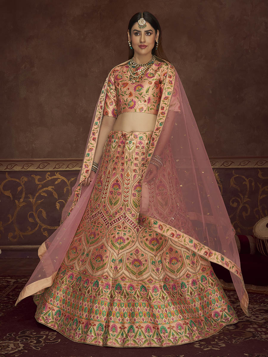 Peach Pink Art Silk Embroidered Designer Lehenga