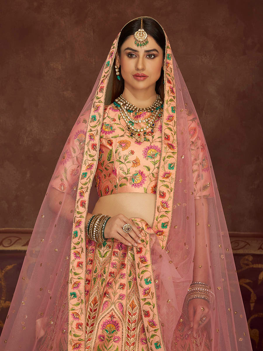 Peach Pink Art Silk Embroidered Designer Lehenga