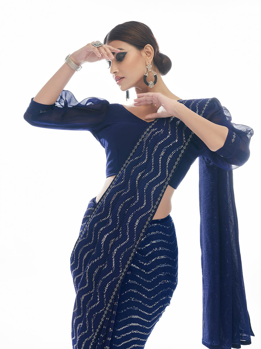 Navy Blue Georgette Embroidered Designer Saree