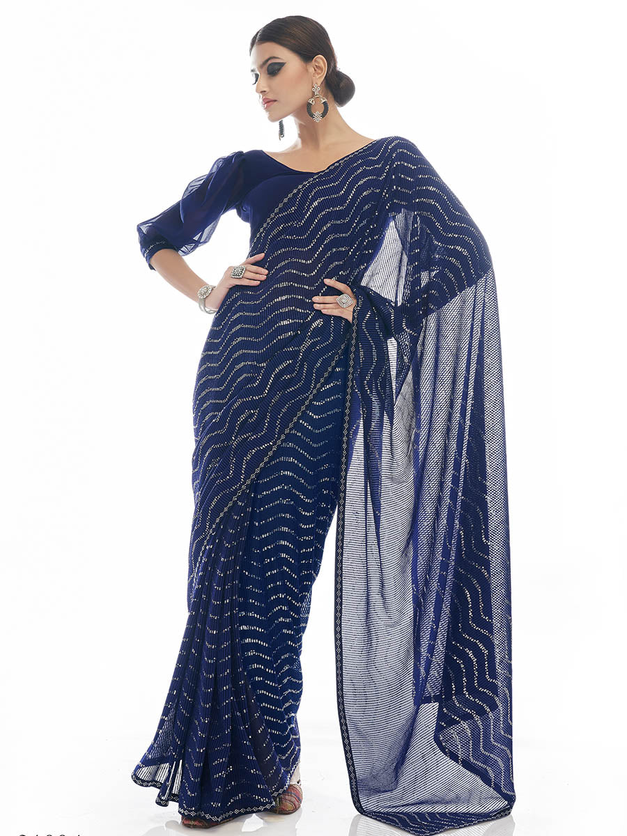 Navy Blue Georgette Embroidered Designer Saree