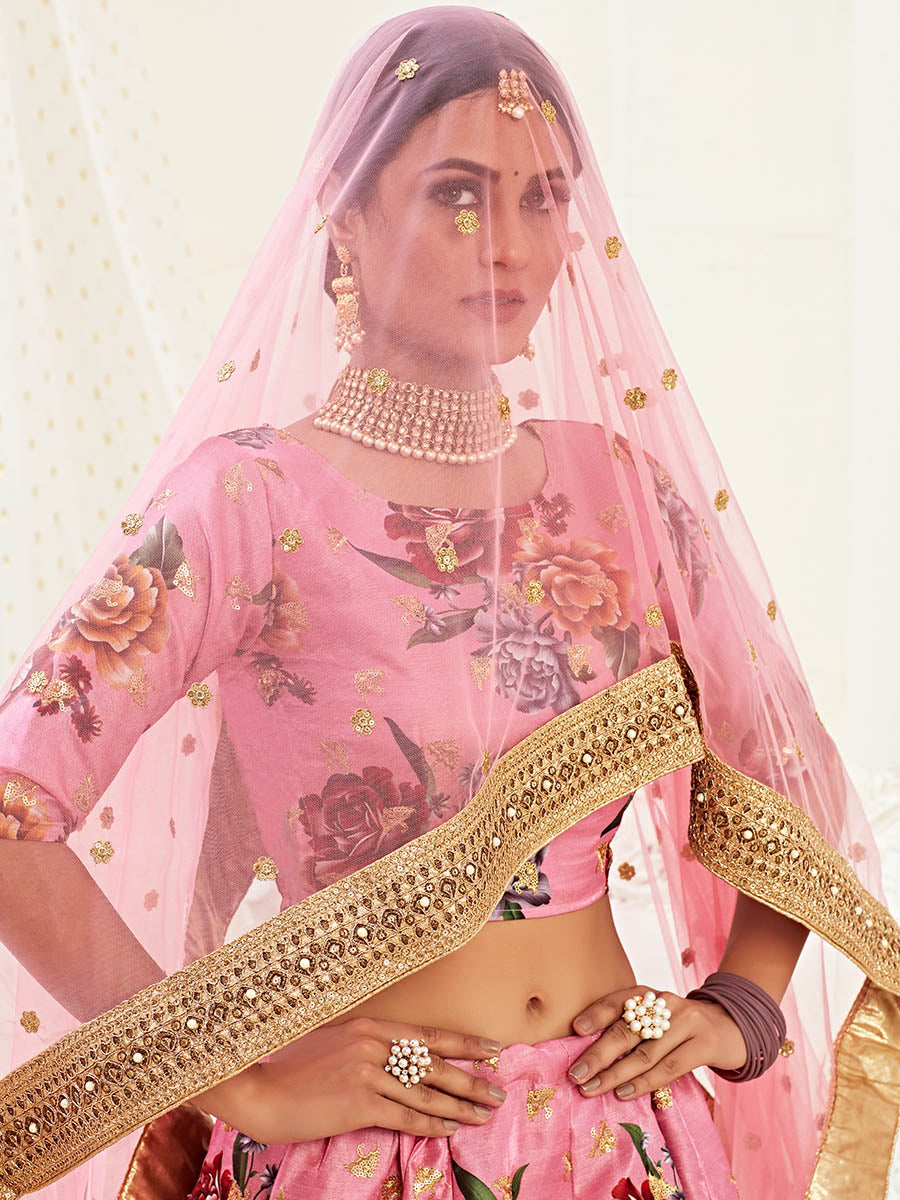 Pink Floral Print Embroidered Designer Lehenga