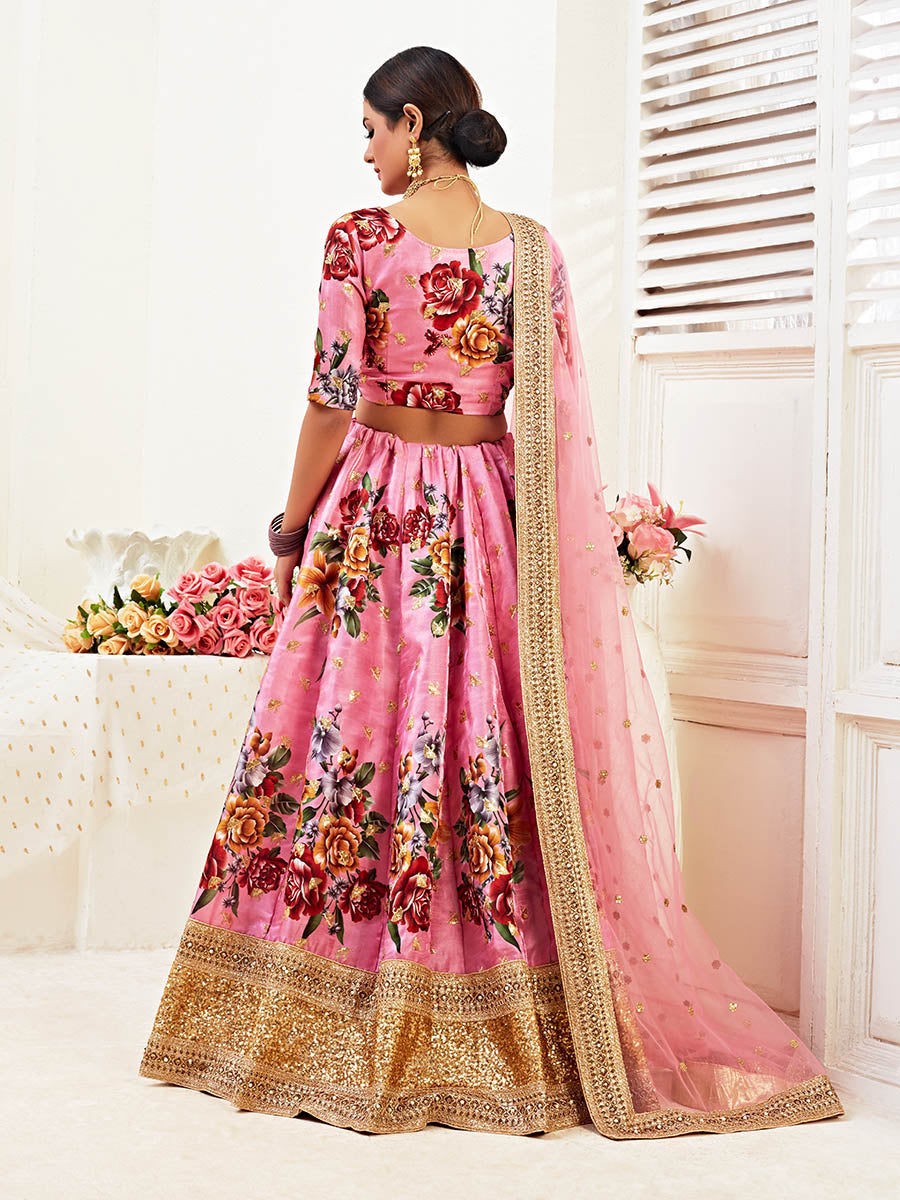 Pink Floral Print Embroidered Designer Lehenga