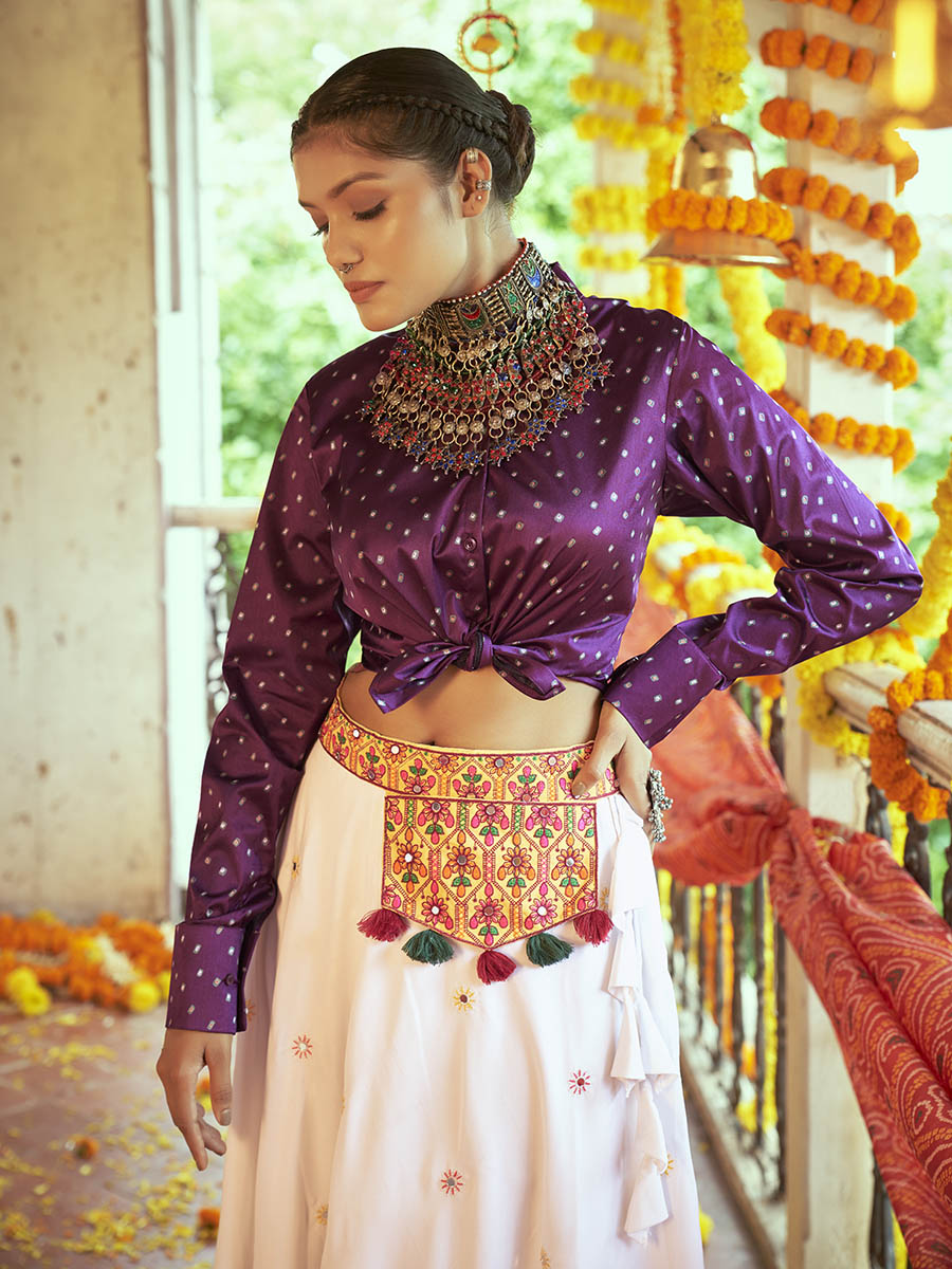 Purple & White Cotton Embroidered Navratri Special Lehenga