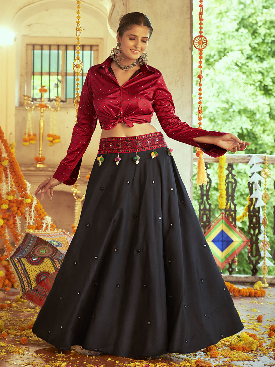 Maroon & Black Cotton Embroidered Navratri Special Lehenga