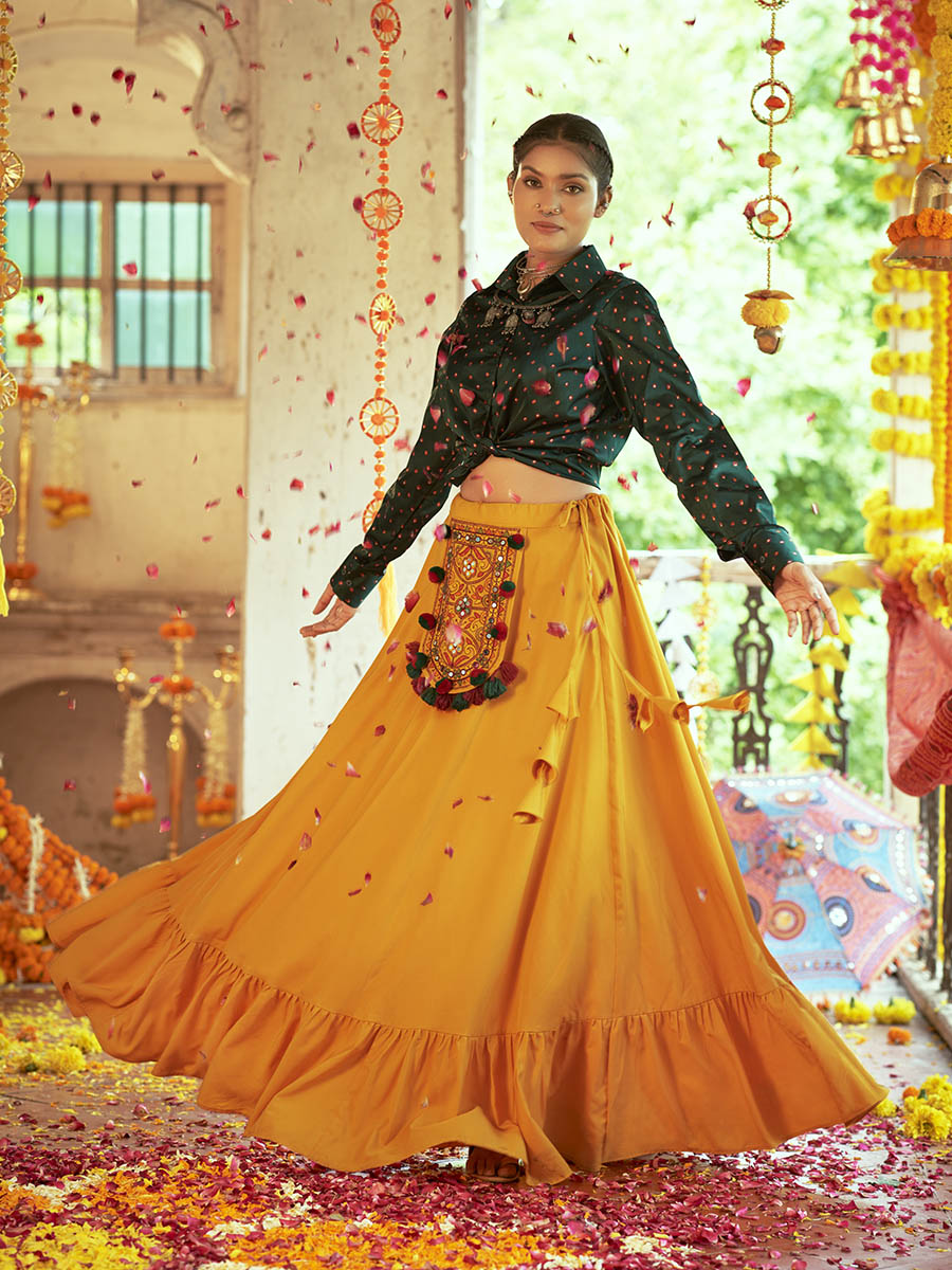 Green & Musturd Yellow Cotton Embroidered Navratri Special Lehenga