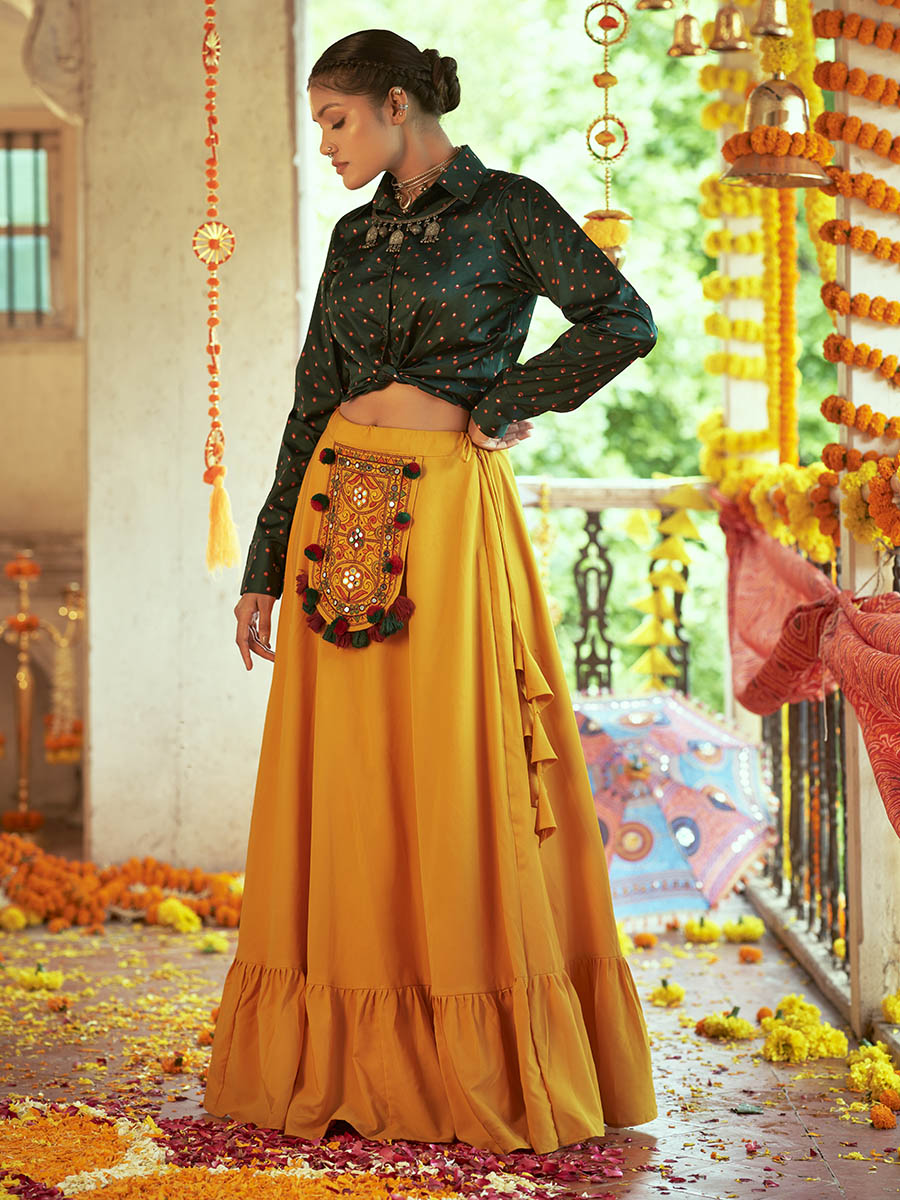 Green & Musturd Yellow Cotton Embroidered Navratri Special Lehenga