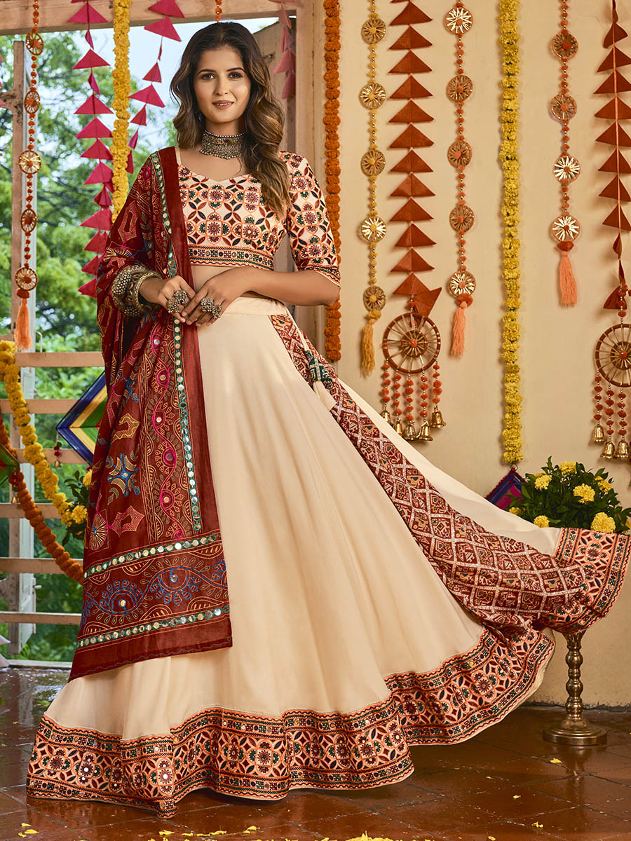 Beige Maslin Cotton Embroidered Navratri Special Lehenga