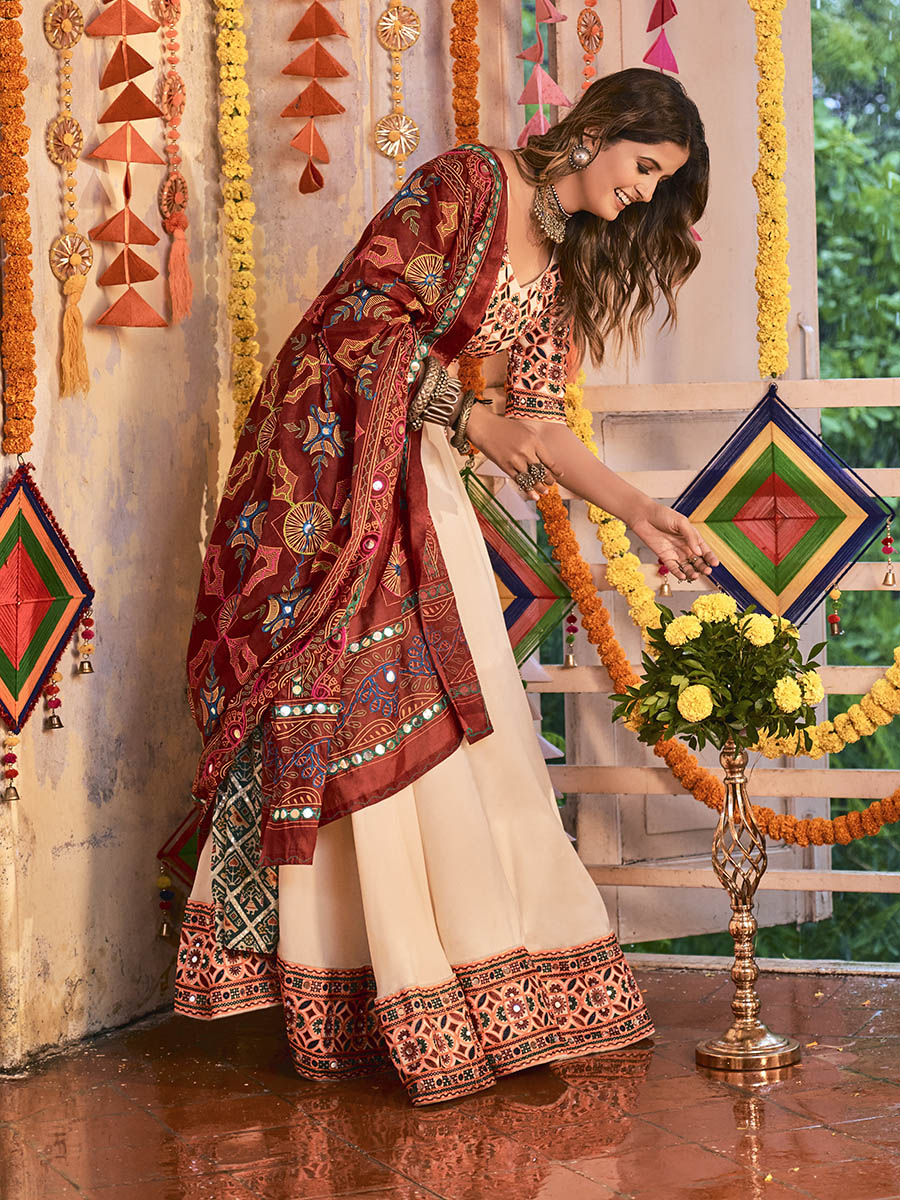 Beige Maslin Cotton Embroidered Navratri Special Lehenga