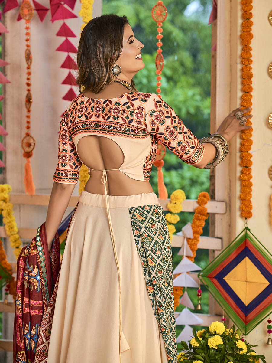 Beige Maslin Cotton Embroidered Navratri Special Lehenga