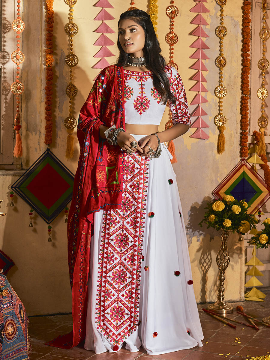 White Maslin Cotton Embroidered Navratri Special Lehenga