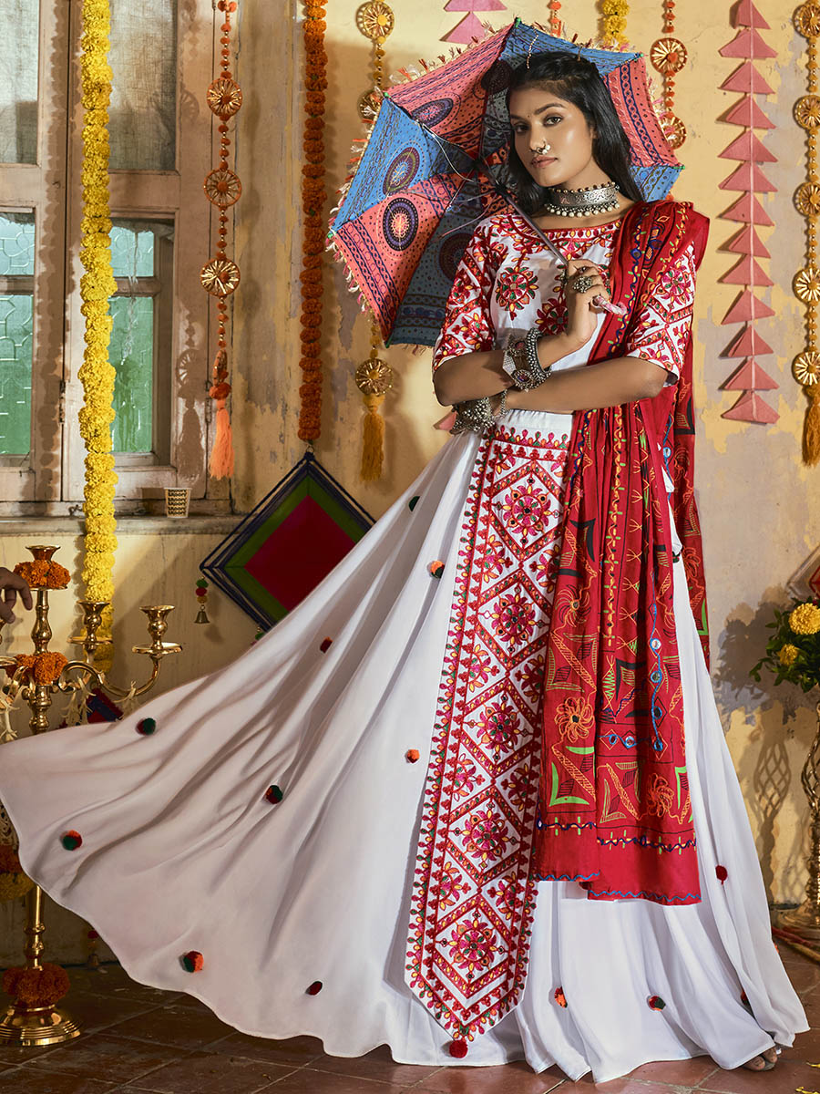 White Maslin Cotton Embroidered Navratri Special Lehenga