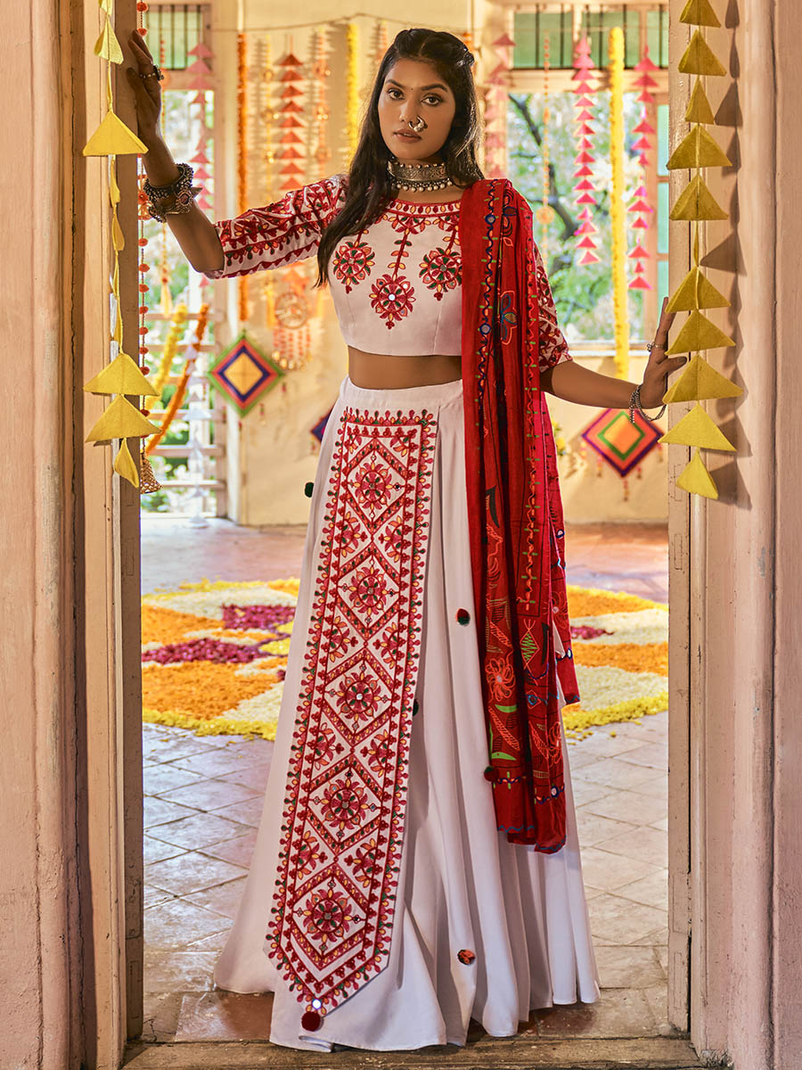 White Maslin Cotton Embroidered Navratri Special Lehenga