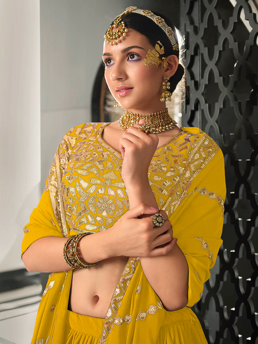 Yellow Georgette Embroidered Designer Lehenga