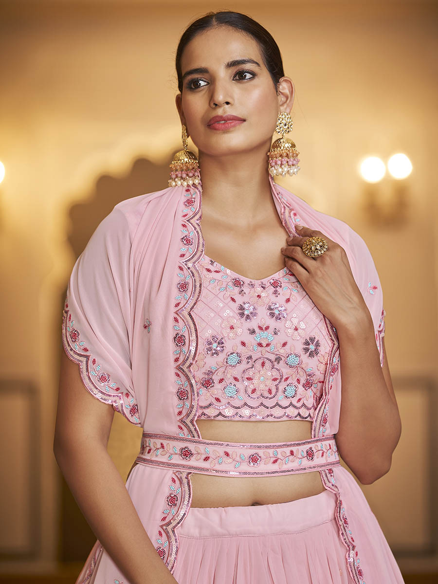 Pink Gorgette Embroidered Designer Lehenga Choli