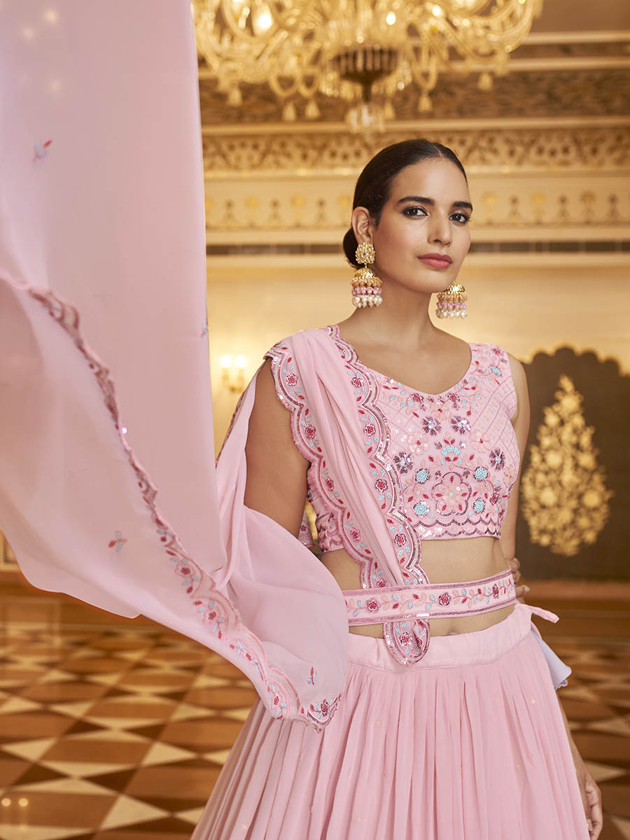 Pink Gorgette Embroidered Designer Lehenga Choli