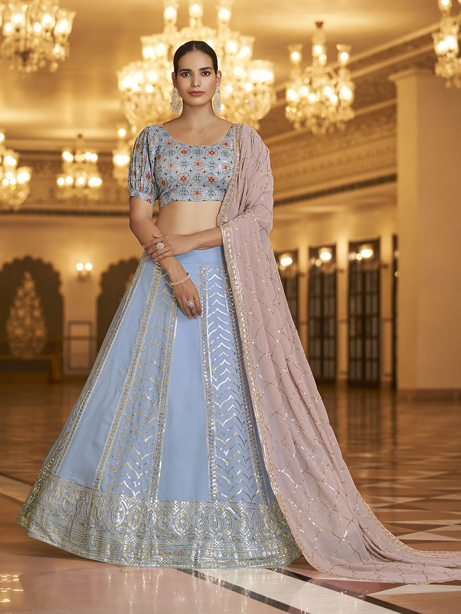 Sky & Dusty Pink Gorgette Embroidered Designer Lehenga Choli