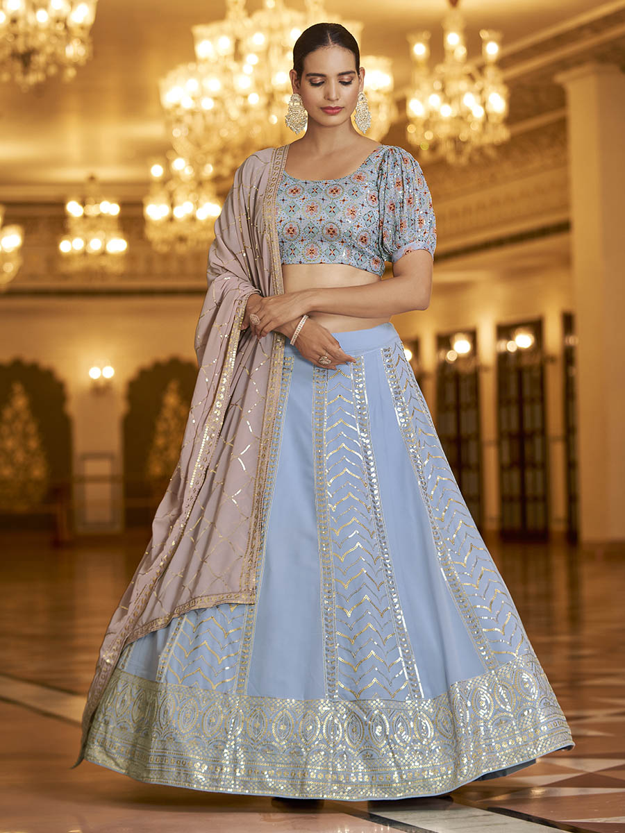 Sky & Dusty Pink Gorgette Embroidered Designer Lehenga Choli