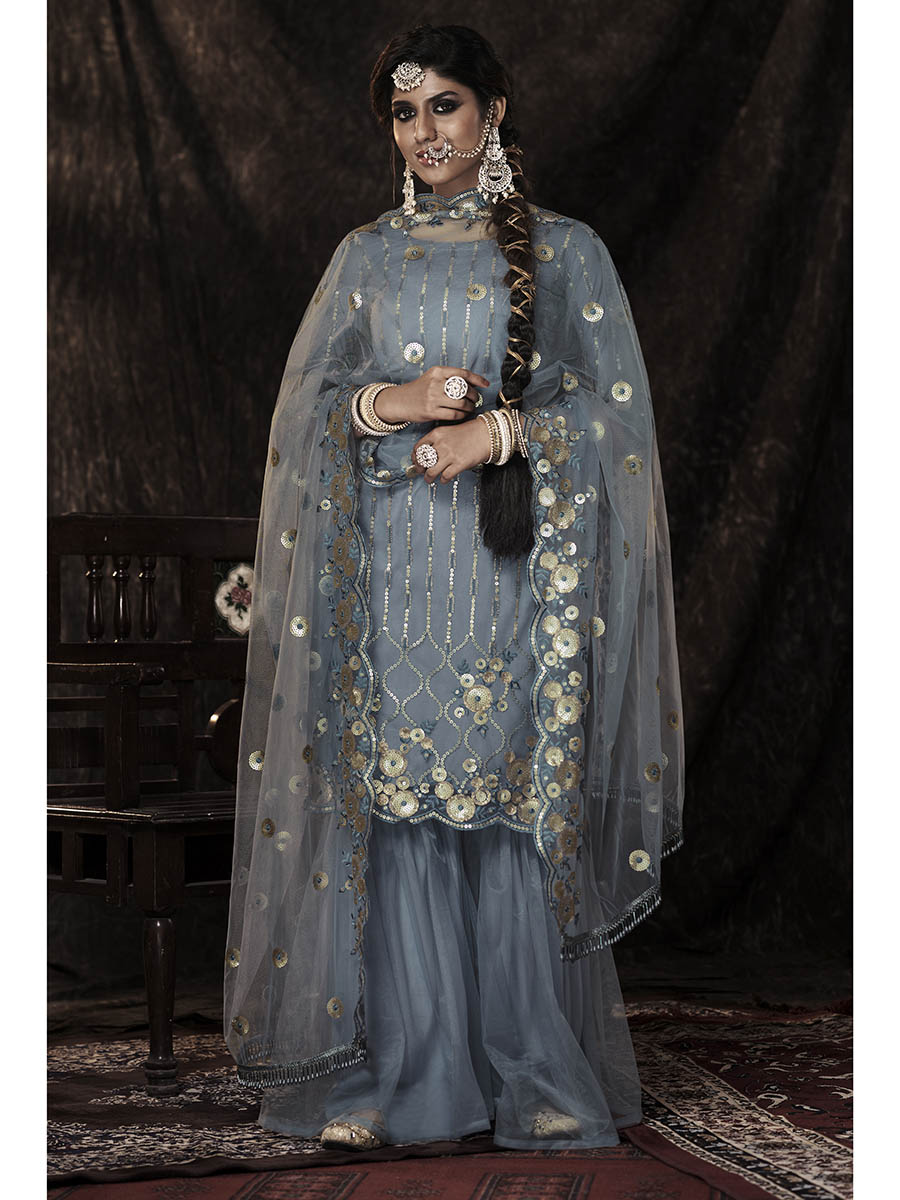 Grey Net Embroidered Sharara Suit