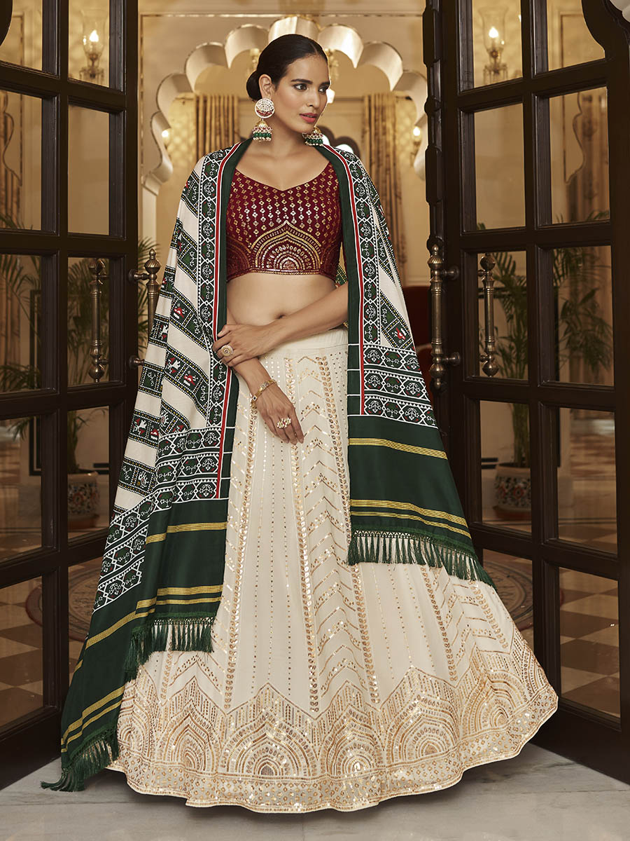 Pearl White , Maroon and Green Georgette Designer Lehenga Choli