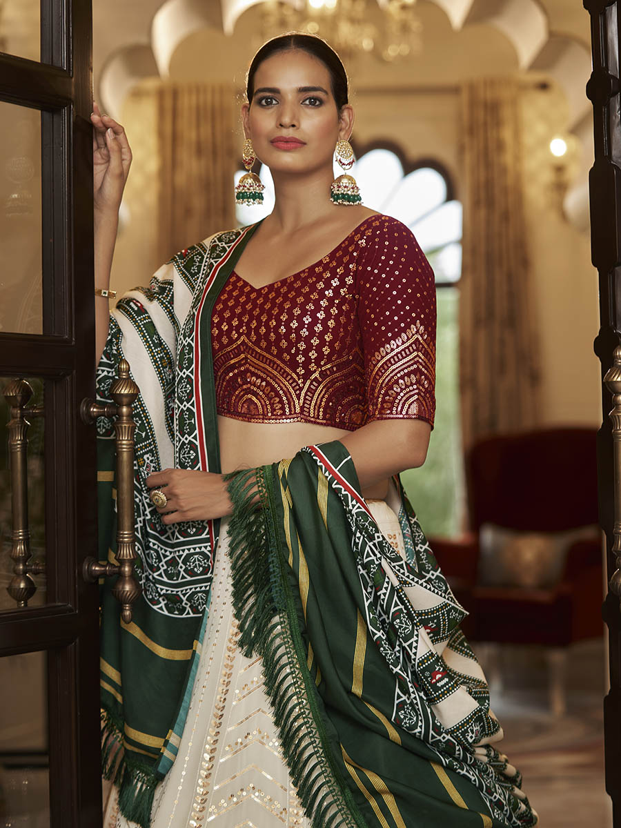 Pearl White , Maroon and Green Georgette Designer Lehenga Choli