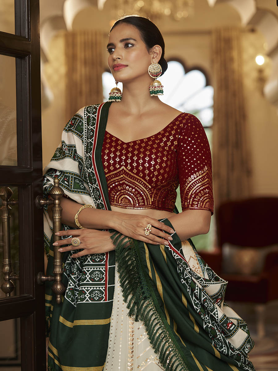 Pearl White , Maroon and Green Georgette Designer Lehenga Choli